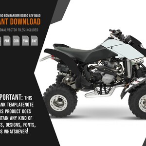 Puede incluir: Un quad ATV en blanco y negro con el texto "CAN-AM DS650 BOMBARDIER DS650 ATV QUAD" y "DESCARGA INSTANT&Aacute;NEA". La imagen tambi&eacute;n incluye el texto "6 ARCHIVOS VECTORIALES PROFESIONALES INCLUIDOS" e iconos de tipo de archivo. Tambi&eacute;n se incluye el texto "IMPORTANTE: &iexcl;ESTA ES UNA NOTA DE PLANTILLA EN BLANCO QUE NO CONTIENE NING&Uacute;N TIPO DE GR&Aacute;FICOS, DISE&Ntilde;OS, FUENTES O LOGOTIPOS!"