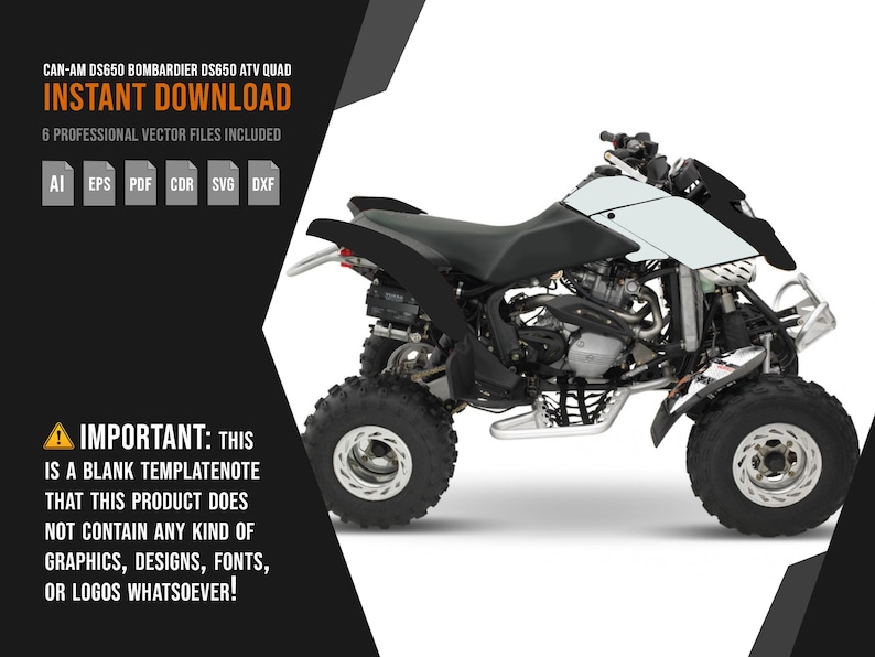 Puede incluir: Un quad ATV en blanco y negro con el texto "CAN-AM DS650 BOMBARDIER DS650 ATV QUAD" y "DESCARGA INSTANT&Aacute;NEA". La imagen tambi&eacute;n incluye el texto "6 ARCHIVOS VECTORIALES PROFESIONALES INCLUIDOS" e iconos de tipo de archivo. Tambi&eacute;n se incluye el texto "IMPORTANTE: &iexcl;ESTA ES UNA NOTA DE PLANTILLA EN BLANCO QUE NO CONTIENE NING&Uacute;N TIPO DE GR&Aacute;FICOS, DISE&Ntilde;OS, FUENTES O LOGOTIPOS!"