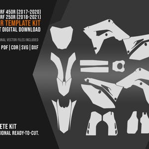 May include: A digital vector template kit for Honda CRF 450R (2017-2020) and CRF 250R (2018-2021) motorcycles. The kit includes 6 professional vector files in AI, EPS, PDF, CDR, SVG, and DXF formats. The design is a complete kit, ready to cut.