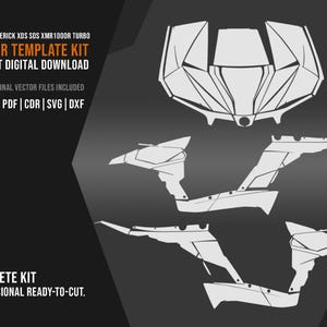 May include: A vector template kit for a Can Am Maverick XDS SDS XMR1000R Turbo. The design includes six professional vector files in AI, EPS, PDF, CDR, SVG, and DXF formats. The text reads "Vector Template Kit" and "Instant Digital Download."