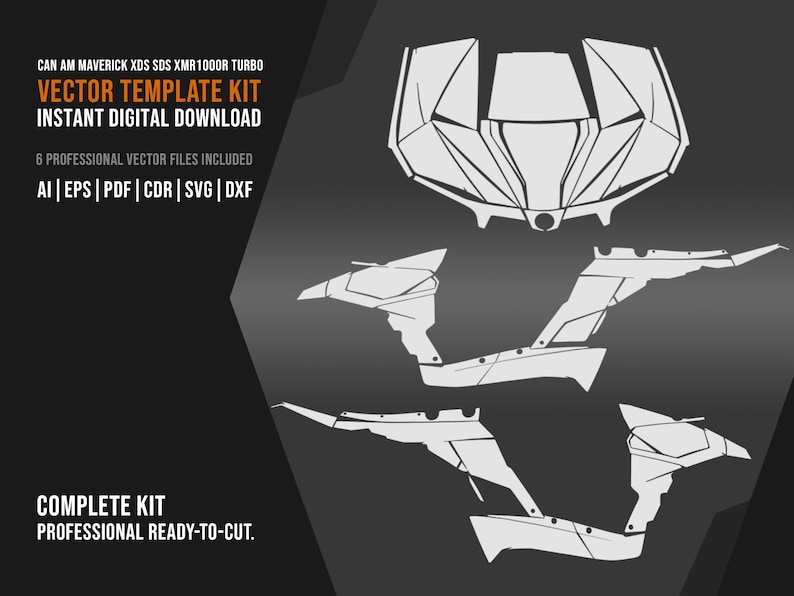 May include: A vector template kit for a Can Am Maverick XDS SDS XMR1000R Turbo. The design includes six professional vector files in AI, EPS, PDF, CDR, SVG, and DXF formats. The text reads "Vector Template Kit" and "Instant Digital Download."