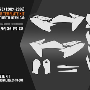 May include: A vector template kit for KTM 65 SX (2024-2026) motorcycles. The image shows a complete kit with various white, geometric shapes representing the different parts of the motorcycle. Text includes "VECTOR TEMPLATE KIT" and file type information.