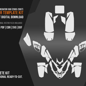 May include: A white vector template kit for a Polaris Predator 500 (2003-2007) displayed on a dark background. The text reads: POLARIS PREDATOR 500 (2003-2007) VECTOR TEMPLATE KIT INSTANT DIGITAL DOWNLOAD 6 PROFESSIONAL VECTOR FILES INCLUDED AI | EPS | PDF | CDR | SVG | DXF COMPLETE KIT PROFESSIONAL READY-TO-CUT.