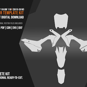 以下が含まれることがあります： ホンダCRF110 CRF 110F (2013-2018) 用の白いベクターテンプレートキット。画像は、キットのコンポーネントを濃い灰色の背景に配置したものです。「VECTOR TEMPLATE KIT」と「INSTANT DIGITAL DOWNLOAD」というテキストが含まれています。