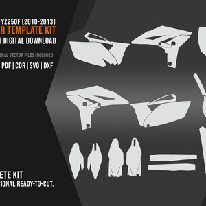 May include: A digital vector template kit for a Yamaha YZ250F (2010-2013) motorcycle, featuring white outline shapes of various body panels on a dark gray background. Text includes YAMAHA YZ250F (2010-2013) VECTOR TEMPLATE KIT INSTANT DIGITAL DOWNLOAD.