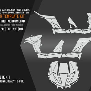 Può includere: Kit di modelli vettoriali digitali per un UTV BRP Can-Am Maverick Max 1000R X-RS DPS. Il design è in bianco su sfondo grigio scuro. Il testo include "Vector Template Kit" e "Download digitale immediato". Include file AI, EPS, PDF, CDR, SVG e DXF.