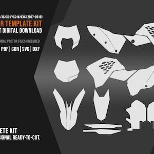 May include: A vector template kit for KTM SX/SX-F/XC/XC-F/XC-W/EXC (2007-2010) motorcycles. The kit includes 6 professional vector files in AI, EPS, PDF, CDR, SVG, and DXF formats. The text reads "COMPLETE KIT PROFESSIONAL READY-TO-CUT."