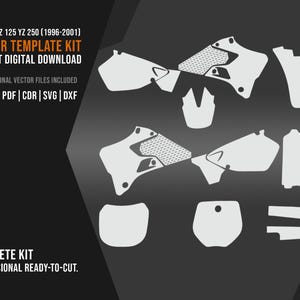 Puede incluir: Un kit de plantillas vectoriales digitales para motocicletas Yamaha YZ 125 y YZ 250 de 1996-2001. El kit incluye seis archivos vectoriales profesionales en formatos AI, EPS, PDF, CDR, SVG y DXF. El texto en la imagen dice "COMPLETE KIT PROFESSIONAL READY-TO-CUT."