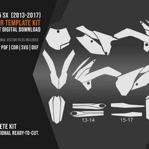 Puede incluir: Un kit de plantillas vectoriales para motocicletas KTM 85 SX de 2013-2017. La imagen muestra un conjunto completo de archivos vectoriales profesionales, incluyendo formatos AI, EPS, PDF, CDR, SVG y DXF. El kit está listo para cortar e incluye diseños para los años 13-14 y 15-17.