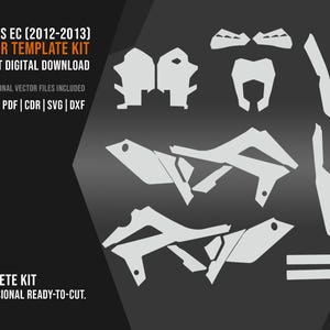 May include: A digital vector template kit for Gas Gas EC 2012-2013 motorcycles, featuring white outline shapes of body panels on a dark background. Text includes GAS GAS EC (2012-2013) VECTOR TEMPLATE KIT, INSTANT DIGITAL DOWNLOAD, 6 PROFESSIONAL VECTOR FILES INCLUDED, AI | EPS | PDF | CDR | SVG | DXF, COMPLETE KIT, PROFESSIONAL READY-TO-CUT.