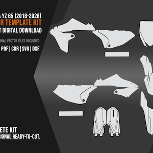 Puede incluir: Un kit de plantillas vectoriales digitales para gráficos de motocicleta Yamaha YZ 65 (2018-2026). El kit incluye seis archivos vectoriales profesionales en formatos AI, EPS, PDF, CDR, SVG y DXF, con contornos blancos de paneles de carrocería.