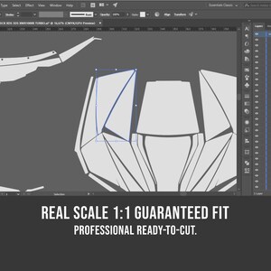 May include: Screenshot of a computer screen displaying a vector graphic design in progress. The design features geometric shapes and lines, with a gray background. Text at the bottom reads "REAL SCALE 1:1 GUARANTEED FIT PROFESSIONAL READY-TO-CUT."