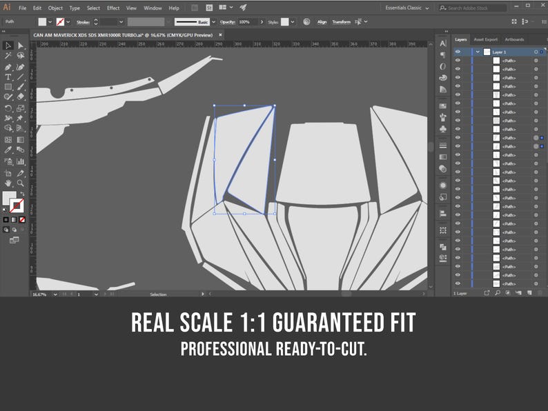 May include: Screenshot of a computer screen displaying a vector graphic design in progress. The design features geometric shapes and lines, with a gray background. Text at the bottom reads "REAL SCALE 1:1 GUARANTEED FIT PROFESSIONAL READY-TO-CUT."