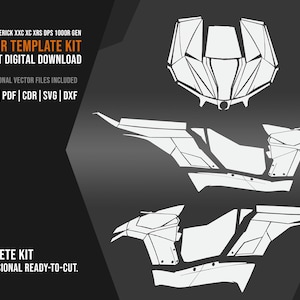 Può includere: Kit di modelli vettoriali digitali per un Can Am Maverick XXC XC XRS DPS 1000R Gen. L'immagine mostra un contorno bianco delle parti del veicolo su uno sfondo grigio scuro. Il testo include "Vector Template Kit" e le opzioni del tipo di file.