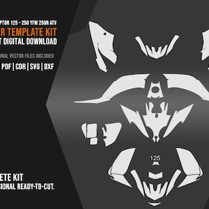 Peut inclure: Kit de modèles vectoriels pour Yamaha Raptor 125-250 YFM 250R ATV. Le design est blanc sur fond gris foncé. Le texte comprend "VECTOR TEMPLATE KIT" et "INSTANT DIGITAL DOWNLOAD". Le kit comprend 6 fichiers vectoriels professionnels.