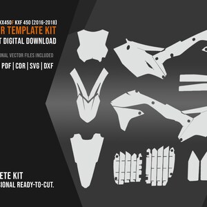 May include: A digital vector template kit for Kawasaki KX450F KXF 450 (2016-2018) motorcycle graphics. The kit includes white outlines of various body panels on a dark background with text indicating AI, EPS, PDF, CDR, SVG, and DXF file formats.