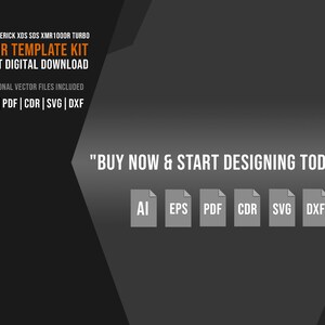 May include: A digital download graphic with the text "VECTOR TEMPLATE KIT" and file type icons. The text "BUY NOW & START DESIGNING TODAY!" is also included. The background is dark gray.