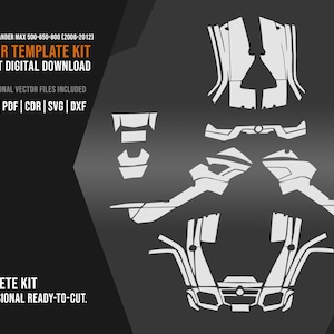 Può includere: Un kit di modelli vettoriali per un Can-Am Outlander Max 500-650-800 (2006-2012). Il kit include un set completo di file vettoriali professionali pronti per il taglio. L'immagine mostra i componenti del kit in bianco su sfondo scuro. Il kit include file AI, EPS, PDF, CDR, SVG e DXF.
