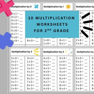 Könnte beinhalten: Zehn Multiplikationsarbeitsblätter für die 2. Klasse mit Gleichungen wie 0x0, 1x1 und 2x2. Jedes Arbeitsblatt ist mit einer Multiplikationszahl versehen, und die Antworten sind einzutragen. Die Arbeitsblätter sind auf hellgrauem Hintergrund.