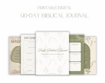 May include: A collection of printable digital journals with a botanical design. The journals include the text "90-Day Biblical Journal", "Daily Biblical Journal", and "Instant Printable Download". The color palette includes shades of green and beige.