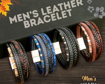 May include: Four multi-strand leather bracelets featuring braided and smooth cords with metallic bead accents and magnetic clasps. The bracelets are displayed in black, blue, and brown color variations against a dark background with text.