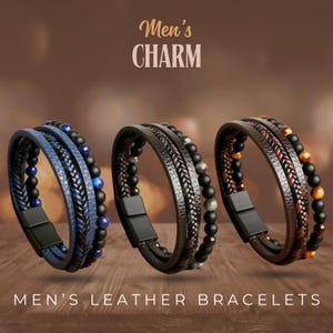 May include: Three leather bracelets with magnetic clasps. One is blue with black beads, the second is brown with black and silver beads, and the third is brown with black and orange beads. The text "Men's Charm" and "Men's Leather Bracelets" are visible.