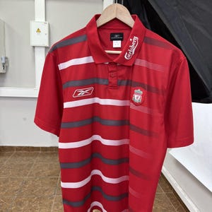 May include: A red polo shirt featuring horizontal white and dark gray stripes, a Reebok logo on the right chest, a Liverpool Football Club crest on the left chest, and the word Carlsberg embroidered in white on the collar, hanging on a wooden hanger.