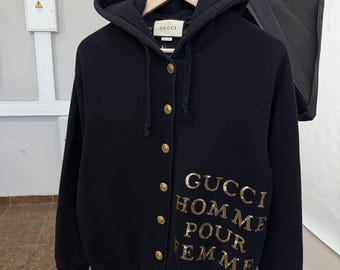 Sudadera con capucha y cárdigan Gucci Homme Pour Femme con botones dorados, talla XXS, fabricada en Italia.