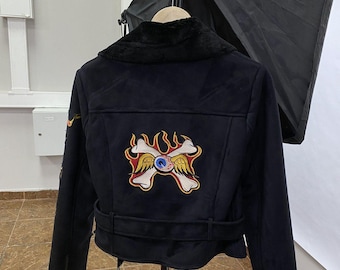 Giacca da motociclista vintage Y2K Von Dutch in pelliccia sintetica e montone