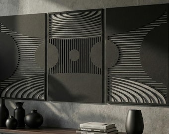 Modern Abstract Wall Art Set of 3 : Geometric Wood Panels for Living Room