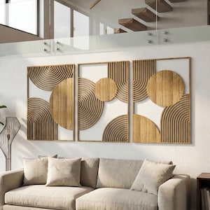 Large Mid Century Wood Wall Art 3 Piece: Scandinavian Rounded Geometric Decor