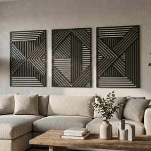 Mid Century Modern Wood Wall Art Set of 3: Abstract Geometric Triptych Wall Decor