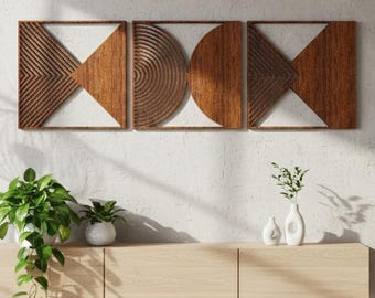 3 oeuvres d'art murales : décoration en bois moderne et géométrique du milieu du siècle