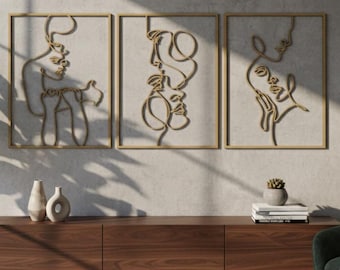 Decoración de pared de madera con arte lineal minimalista, juego de 3: paneles faciales abstractos modernos