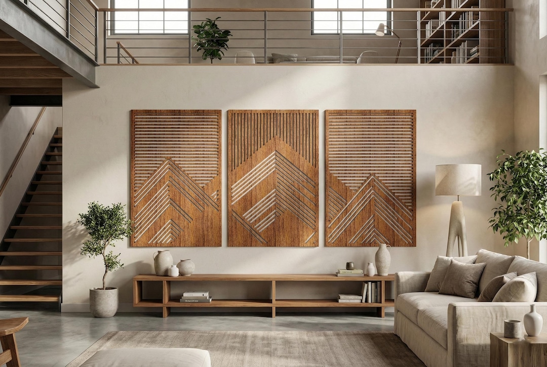 Geometric Mountain Wood Wall Art: Mid Century Modern Triptych - Etsy