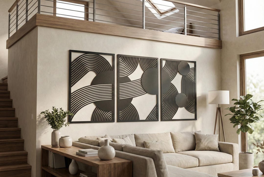 Black Abstract Triptych Wood Wall Art: Mid Century Modern Geometric ...
