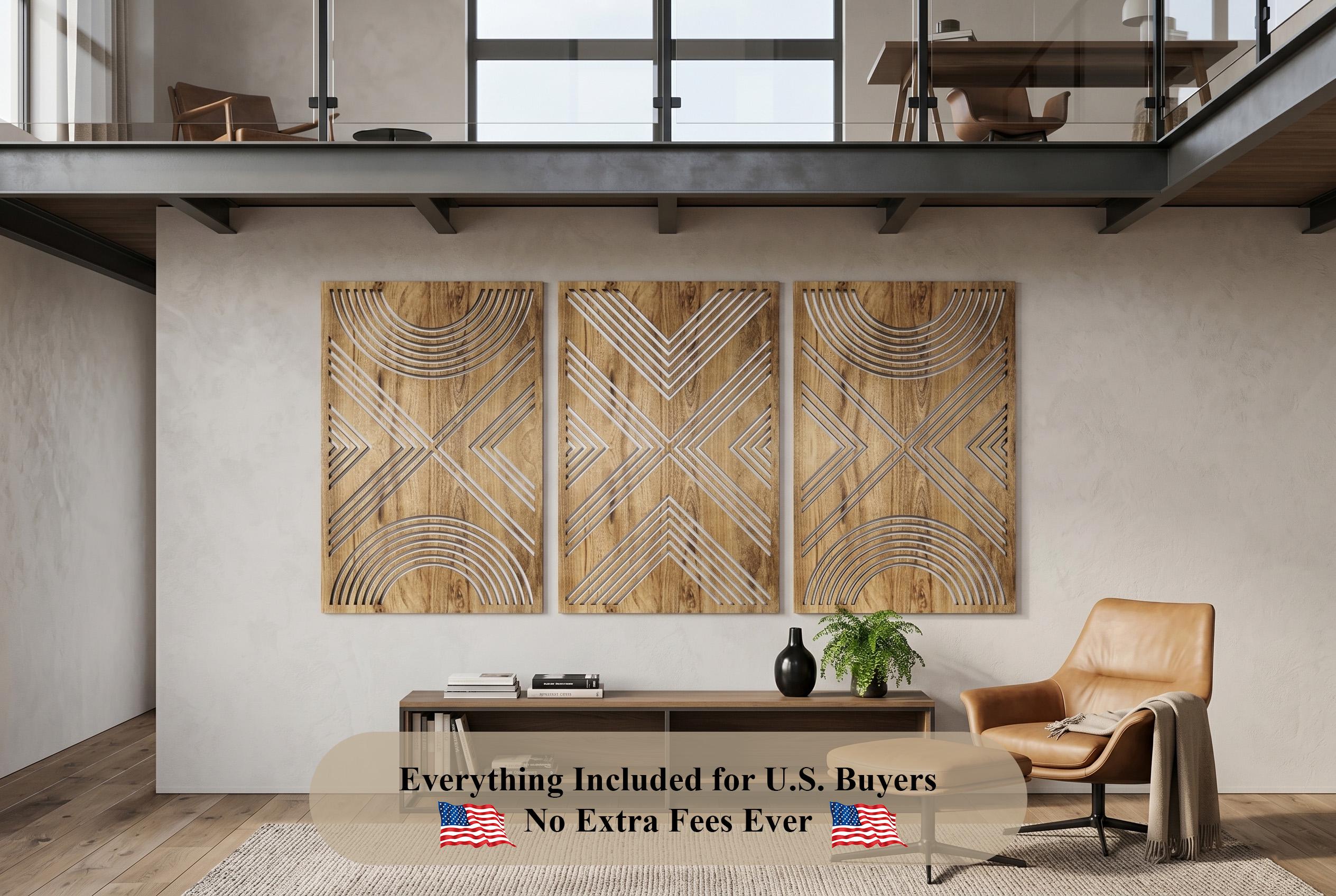 Large Wood Wall Art Set of 3: Mid Century Modern Living Room Wall Decor ...