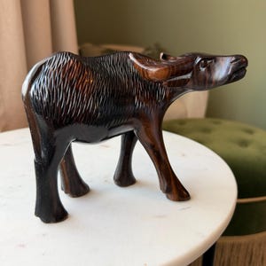Handcarved Ebony Wood Water Buffalo Ox, Vintage Cabin Decor
