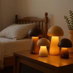 Peut inclure: Quatre lampes en forme de champignon de différentes tailles et tons de bois sont éclairées sur une table en bois. Les lampes ont une lueur chaleureuse et invitante, avec des chapeaux dans des tons de marron et de beige. Les lampes sont un élément d'éclairage décoratif.