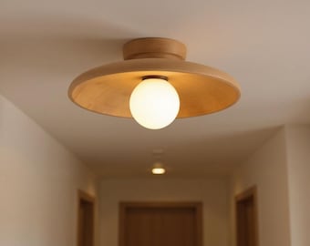 Nordic Round Wood Ceiling Light | Scandinavian Flush Mount Lamp | Minimalist Wooden Ceiling Fixture | Bedroom, Hallway, Kids Room Lighting