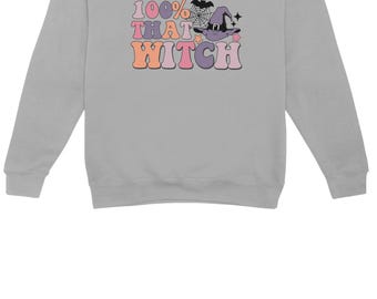 Sudadera de Halloween 100% con temática de brujas: un divertido jersey de otoño para mujer, cuello redondo, estilo espeluznante, camiseta retro de Halloween.
