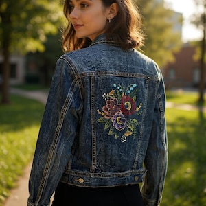 Puede incluir: Chaqueta vaquera azul con un diseño de bordado floral en la espalda. El bordado presenta un ramo de flores coloridas en tonos rojos, morados, amarillos y verdes. La chaqueta tiene un diseño clásico con botones.