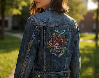 Old Navy Upcycled Woman’s Denim Jacket W/Embroidered Flowers Sz Small Dark Blue Button Close 4 Pockets Chest 34” Length 20”