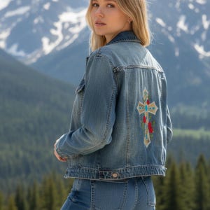 May include: A light blue denim jacket with a decorative cross design on the back. The cross is embroidered with turquoise, gold, and red accents. The jacket has a classic button-up design.