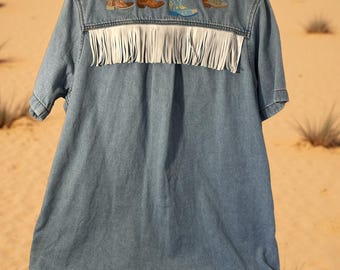 Universal Thread woman’s denim shirt dress in light blue Sz XL embroidered cowboy boots and fringe. One- of-kind piece. Upcycled dress.