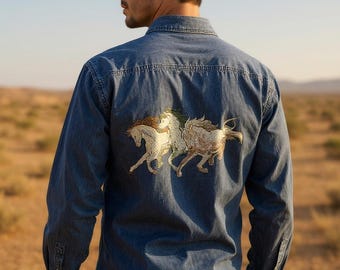 George Brand Blue Lite Denim Upcycled Shirt Long Sleeve Button up Adult Men's Size 2XL Tall Embroidered Running Horses