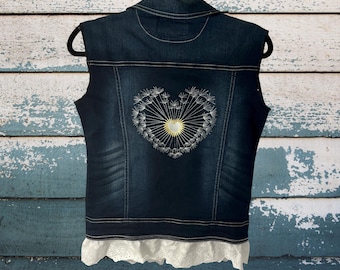 WallFlower Authentic Denim Wms Distressed Vest Sz M White Eyelet Lace & Embroidery Added Dark Blue Color One-of-a-Kind