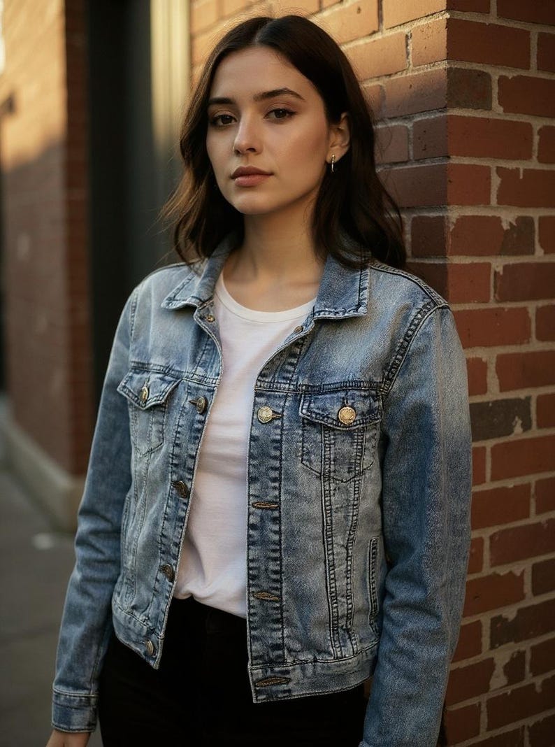 May include: A light blue denim jacket with a classic design, featuring button closures and pockets. The jacket is worn over a white t-shirt and paired with black pants. The model is standing in front of a brick wall.