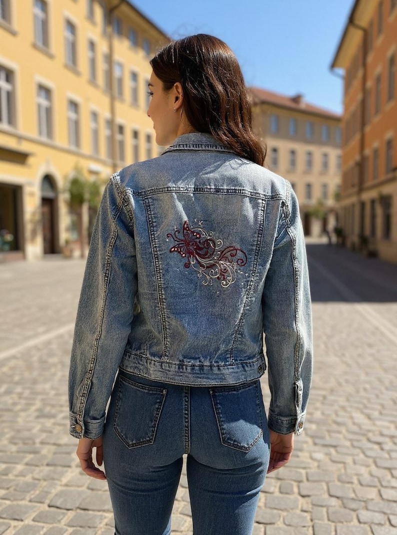 May include: Light blue denim jacket with a decorative embroidered butterfly design on the back. The jacket has a classic fit with button closures and pockets. The model is wearing blue jeans.