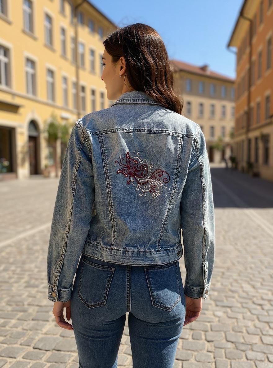 Buffalo David Bitton Upcycled Denim Jean Jacket Size M/M Embroidered Butterfly and Streamer  Design. One of a Kind Jacket